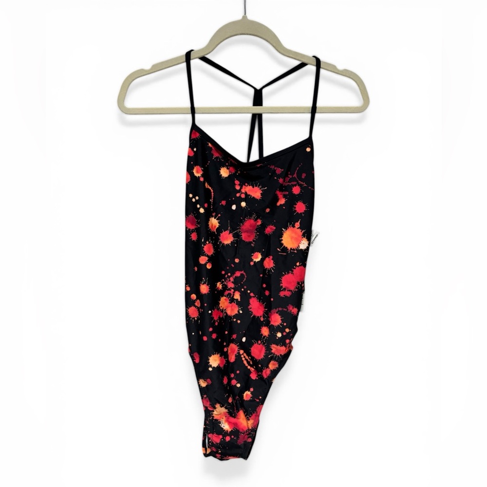 Nike Black One-Piece Swim Bodysuit with Red & Orange Splash